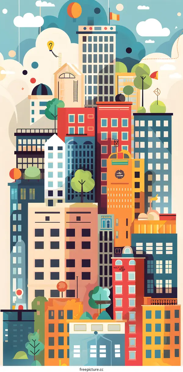 Colorful Cityscape Illustration With Buildings and Clouds