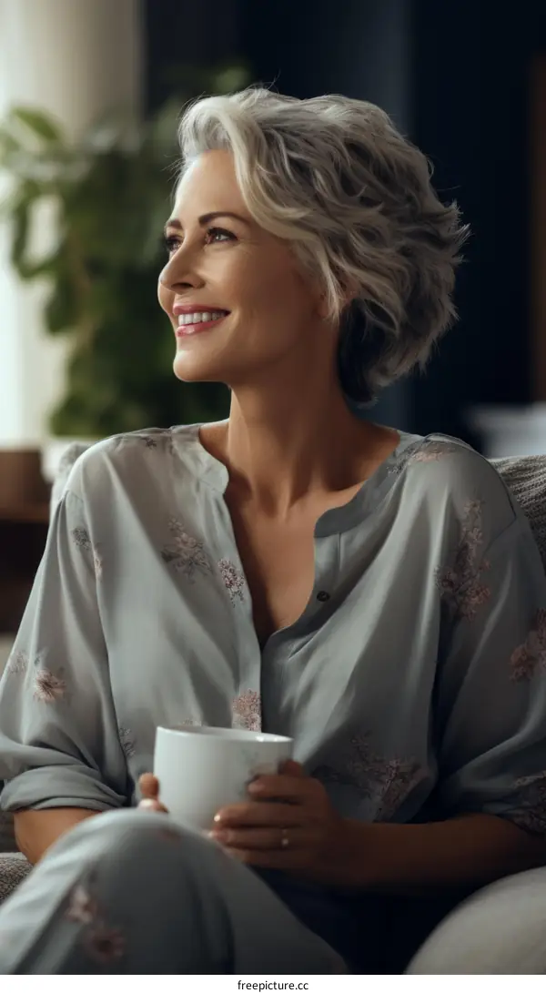 A beautiful middle-aged woman with short gray hair is sitting on a sofa and holding a cup of coffee and smiling