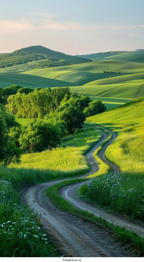 Serene Country Road Winding Through Green Hills
