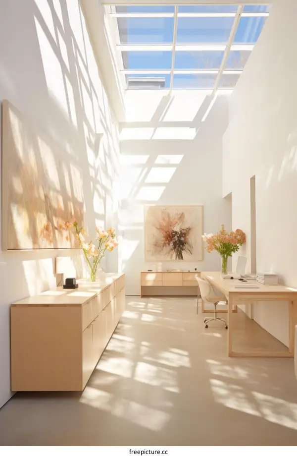 Bright and Airy Home Office with Large Windows and Skylights