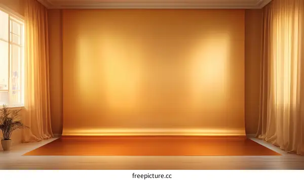 Empty Room with Golden Walls and Curtains