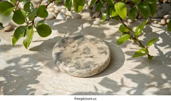 Natural Stone Disc on Sandy Ground with Plants