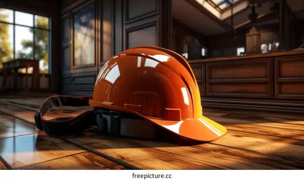 Orange Hard Hat on Wooden Floor