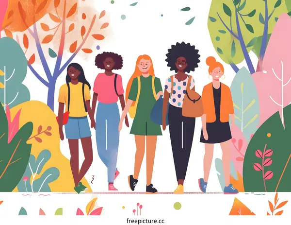 Diverse Group of Female Friends Walking in Nature