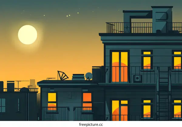 Cityscape Silhouette with Sunset and Moon in the Sky