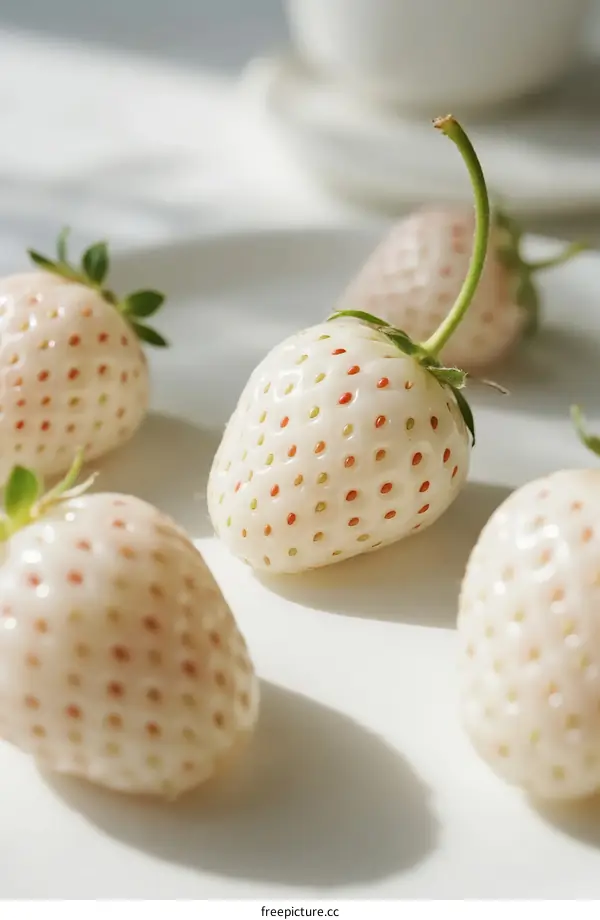 White Strawberries with Green Stems on White Surface