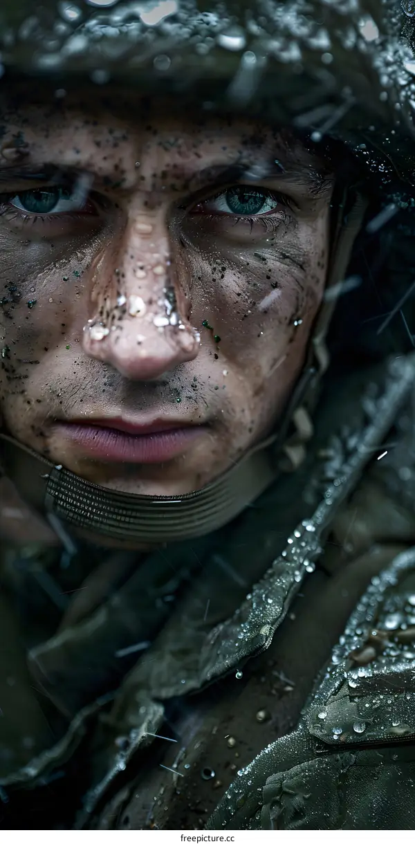 Portrait of a soldier with blue eyes and a dirty face