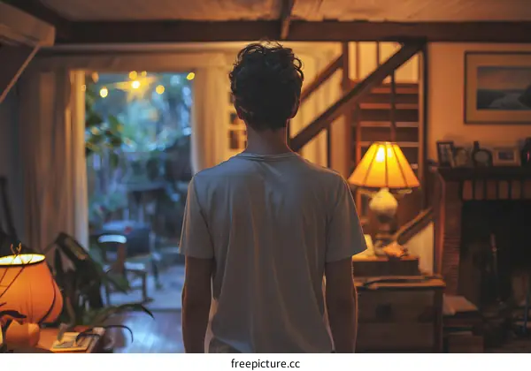 Man Standing in a Living Room, Looking Out a Window at Night