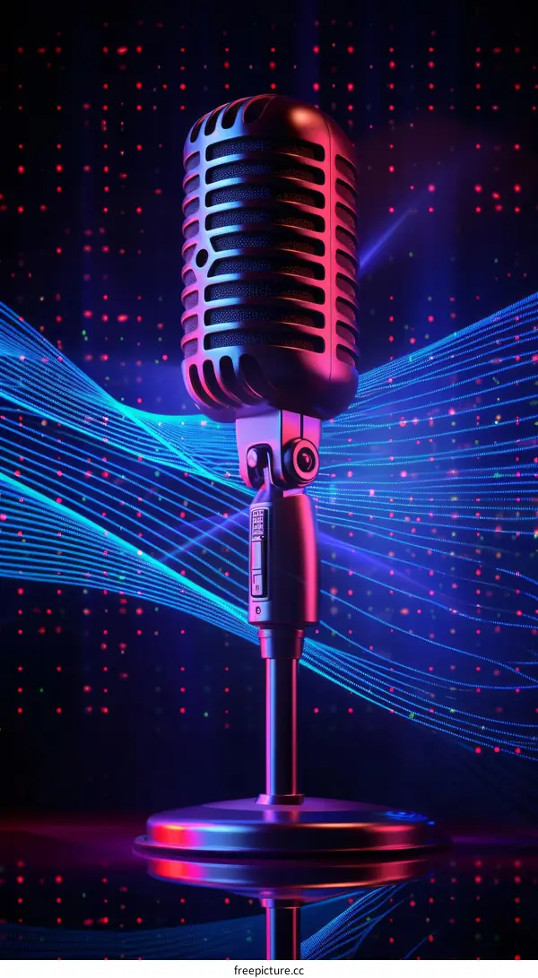 Retro silver microphone with sound waves on a dark background