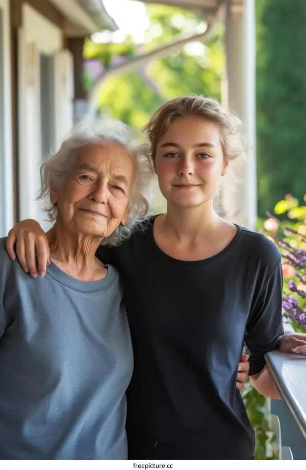 An elderly woman and a young woman standing together and smiling