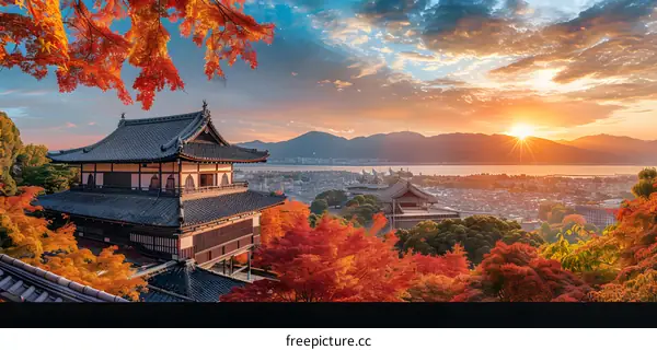 Autumn Sunset Over Japanese Temple And City