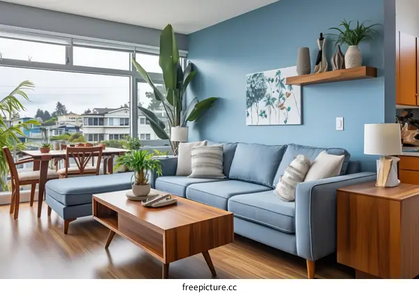 A stylish living room with a blue wall, wooden coffee table, and large windows
