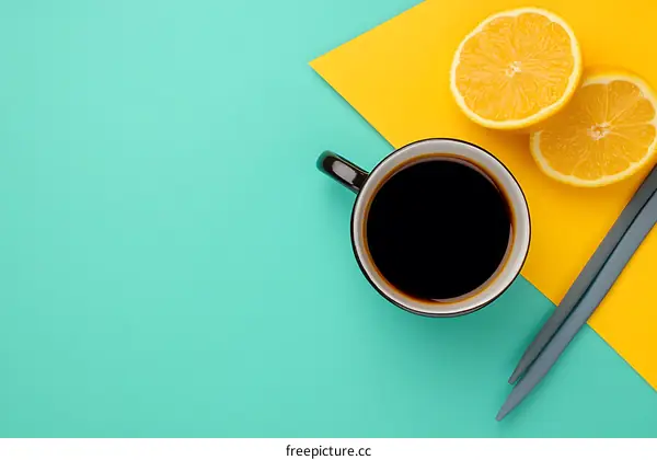 Top View of Coffee Cup with Lemon Slices and Gray Pencils on a Green and Yellow Background