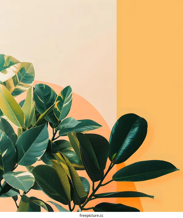 Green Leaves on a Peach and Yellow Background