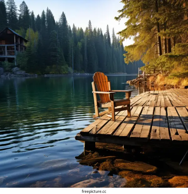 Wooden dock with a chair on it extending into a calm lake with trees and a cabin in the background