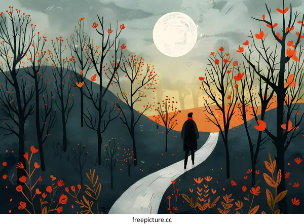 A lonely figure walks through a forest of bare trees.