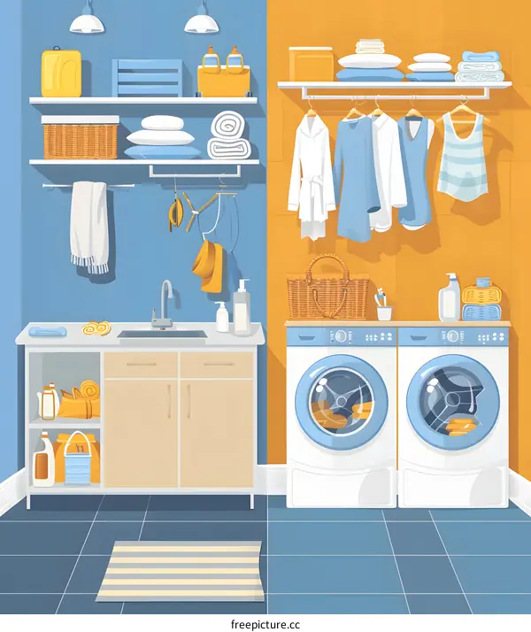 Laundry Room Interior Illustration with Washing Machines and Shelves