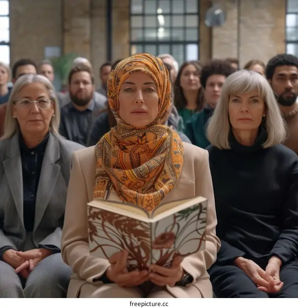 A group of people are sitting in a room listening to a woman in a head scarf reading from a book
