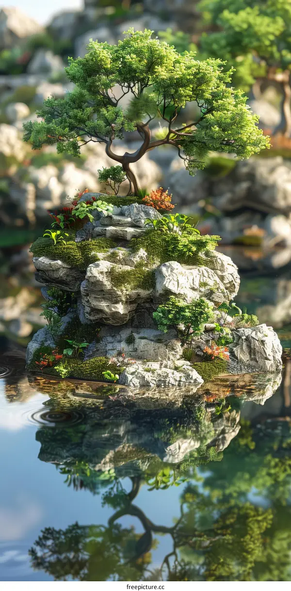 Surreal Floating Island with Bonsai Tree