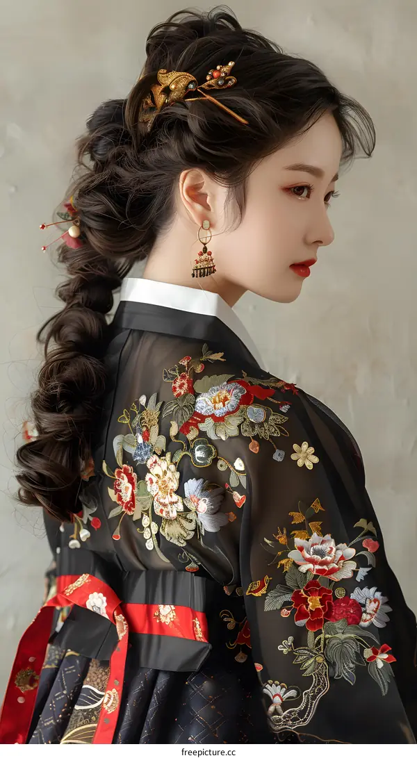 Portrait of a young woman in traditional Korean dress, or Hanbok