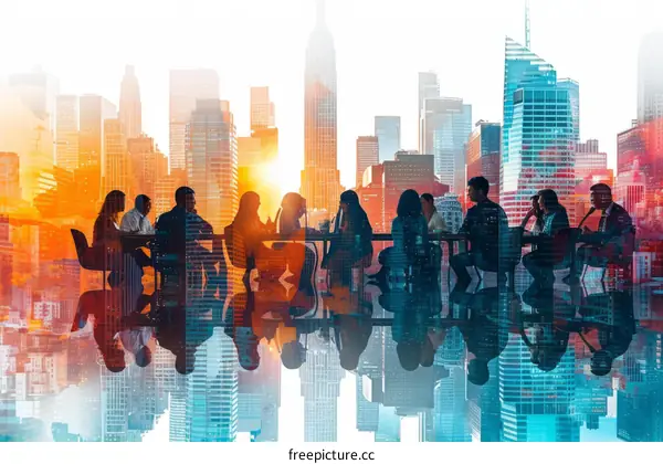 Business professionals meeting in a modern city with skyscrapers in the background