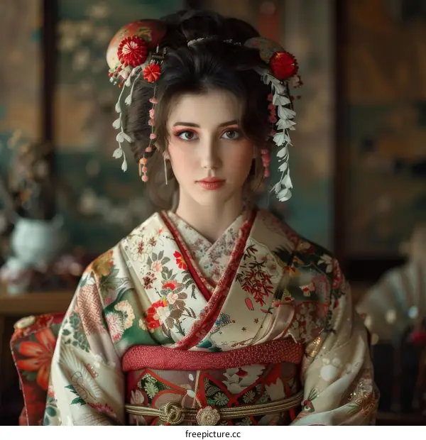Portrait of a young woman in a kimono