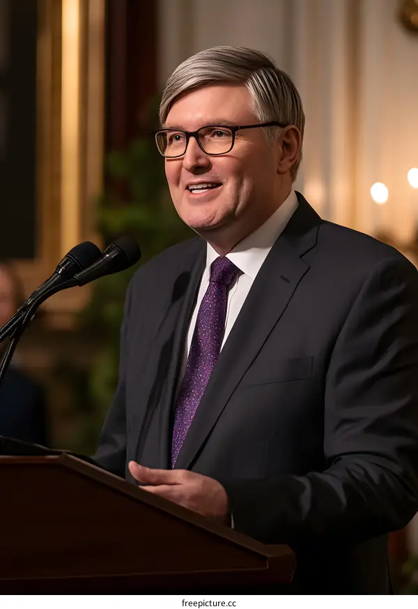 Man in Suit Speaking at Podium with Microphone