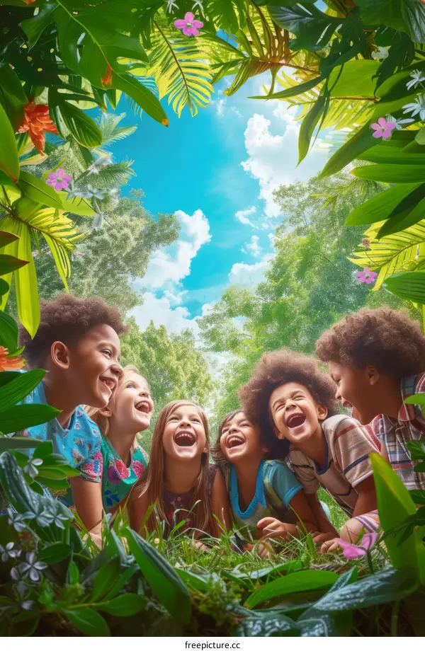 A group of children are laughing and playing in a lush green forest