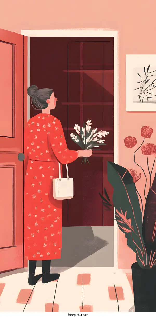 Woman in Red Dress Holding Flowers Entering a Room