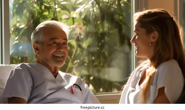 An elderly male patient talking to a young female doctor