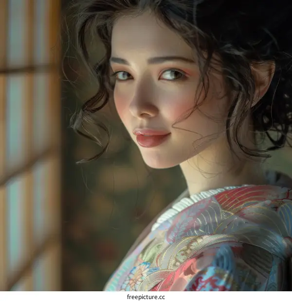 Portrait of a beautiful Asian woman in traditional Japanese kimono