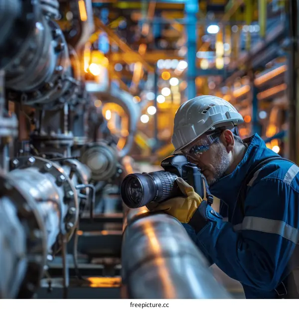 An industrial photographer is taking pictures of a large pipe