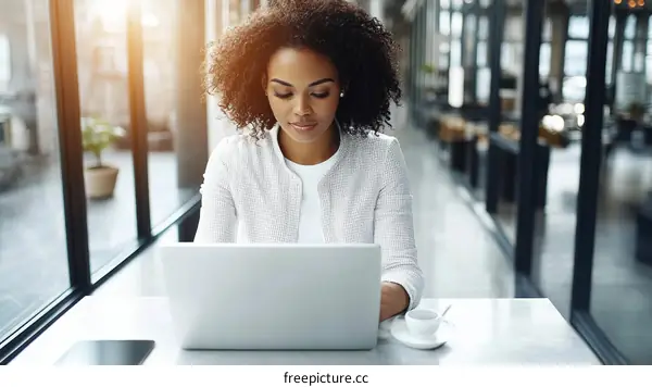 Focused Woman Working on Laptop in Modern Cafe