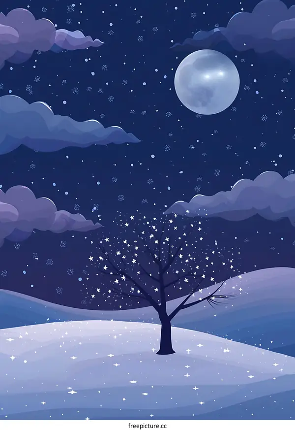 Winter Night Landscape with Tree and Moon