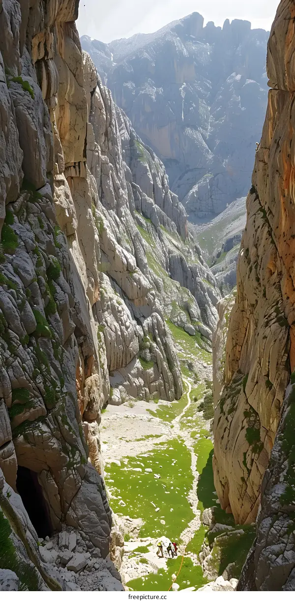 View of Narrow Mountain Canyon with Hikers