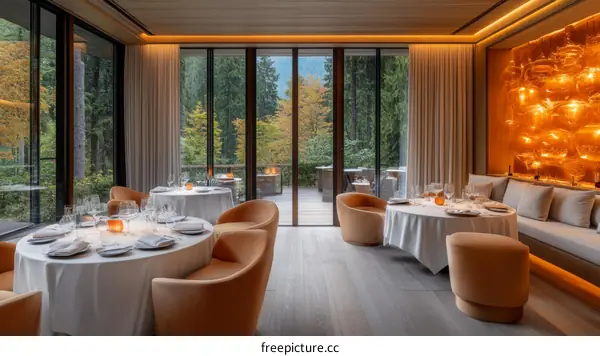 Modern Dining Room with Forest View