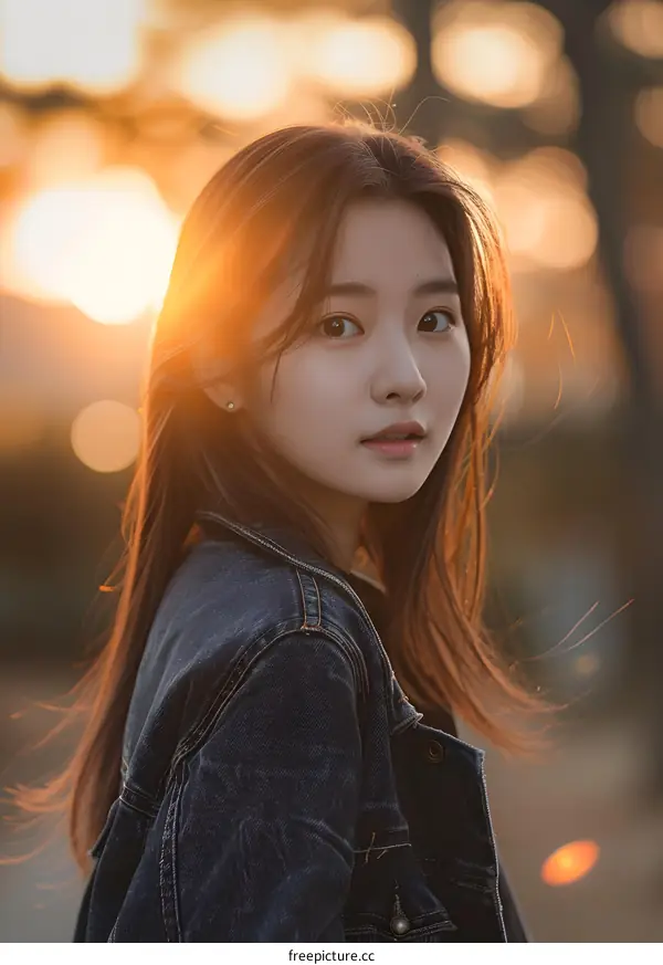 Portrait of a Young Woman Wearing a Denim Jacket Looking Away in Golden Hour