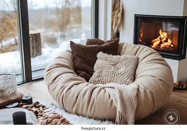 Cozy Winter Living Room with Fireplace and Round Sofa