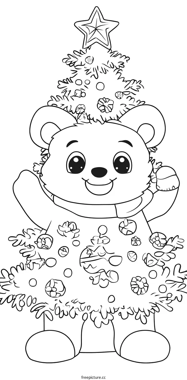 Cute Bear Christmas Tree Coloring Page