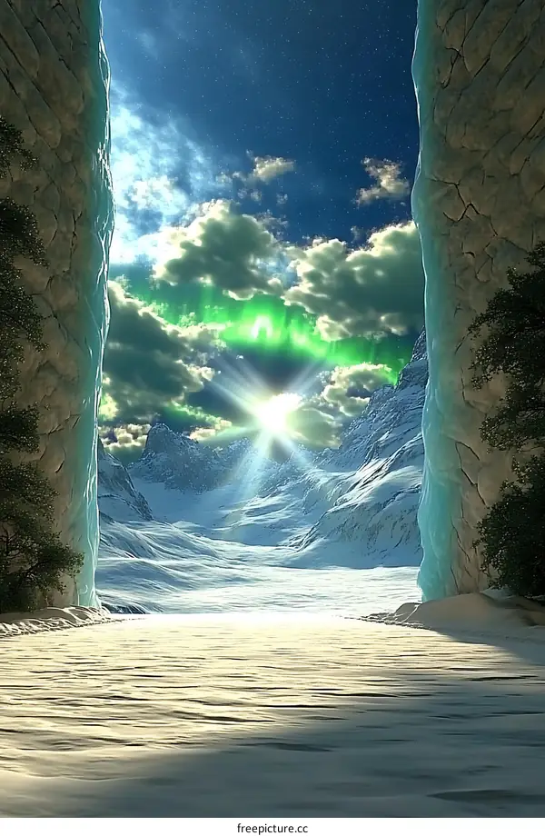 Stunning View of Aurora Borealis Over Snowy Mountains