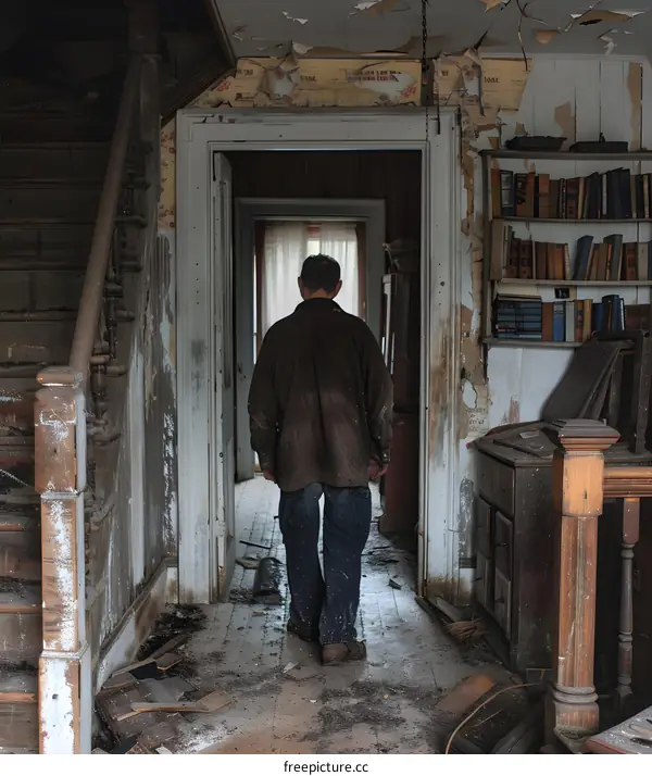 Man walking away from camera in a destroyed house