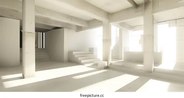 Minimalist White Interior Design with Concrete Pillars and Stairs