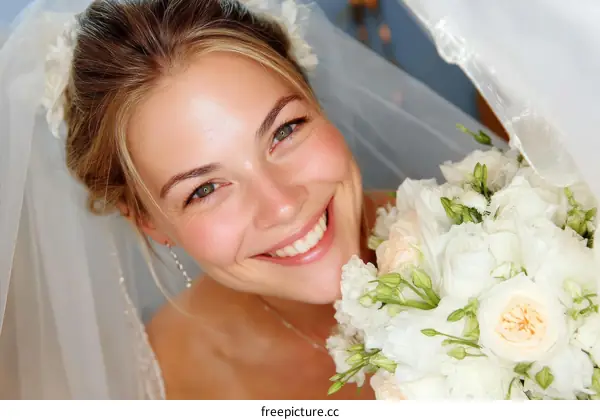 Beautiful Bride with Wedding Bouquet Close Up