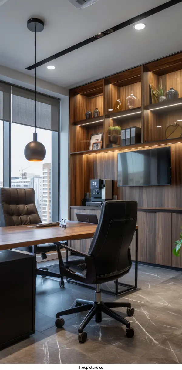 Modern Office Interior with Wooden Bookcase and Marble Floor