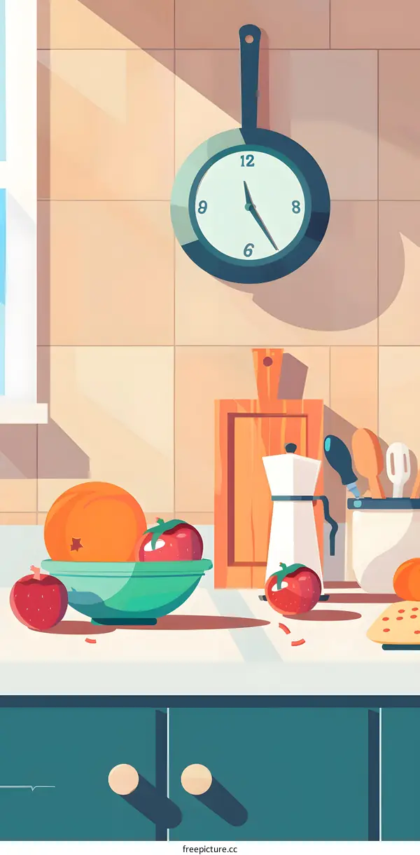 Kitchen Illustration with Clock and Utensils