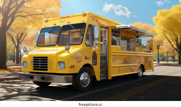 A yellow food truck is parked on a street with yellow trees in the background.