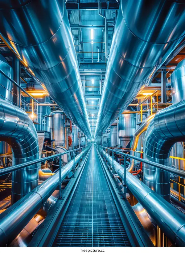 The Interior of a Modern Industrial Plant with Blue Lighting