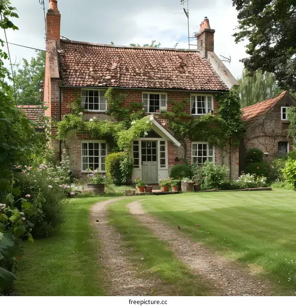 Charming English country cottage with flowers