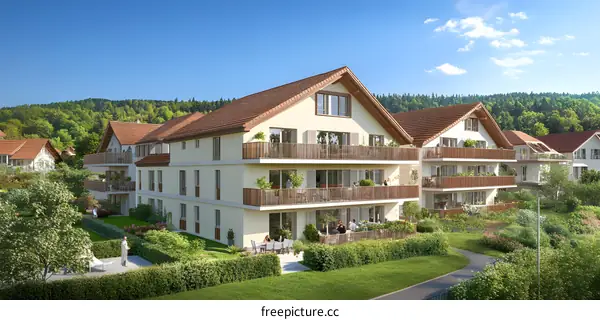 Modern Apartment Building with Balconies and Green Lawn