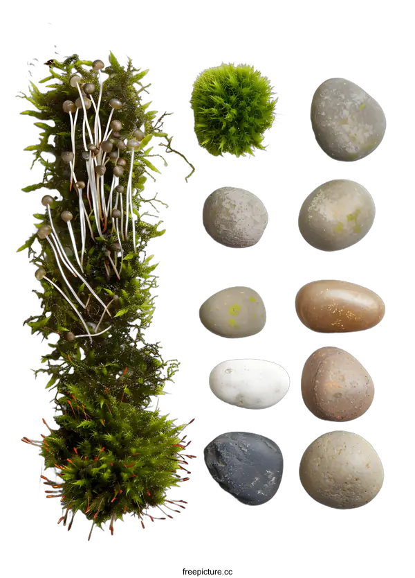 [Transparent Background PNG]Moss, Stones, and Mushrooms on a White Background